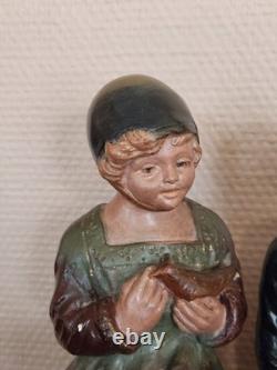 Statue Plâtre Polychrome Douce Joie Enfants Signée H. 26,5 cm Déco Ancien