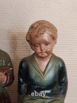 Statue Plâtre Polychrome Douce Joie Enfants Signée H. 26,5 cm Déco Ancien