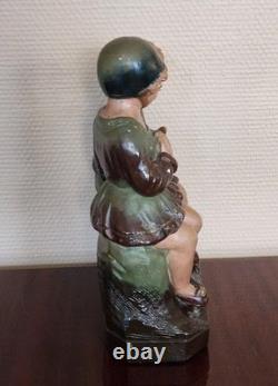 Statue Plâtre Polychrome Douce Joie Enfants Signée H. 26,5 cm Déco Ancien
