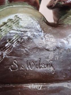 Statue Plâtre Polychrome Douce Joie Enfants Signée H. 26,5 cm Déco Ancien