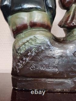 Statue Plâtre Polychrome Douce Joie Enfants Signée H. 26,5 cm Déco Ancien