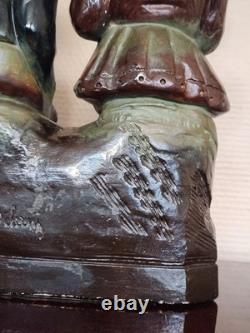 Statue Plâtre Polychrome Douce Joie Enfants Signée H. 26,5 cm Déco Ancien