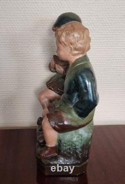 Statue Plâtre Polychrome Douce Joie Enfants Signée H. 26,5 cm Déco Ancien