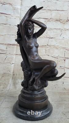 Statue Sculpture Bronze Ancienne Roche Femme Nu Lune Croissant Signée Fait Main