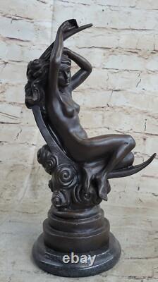 Statue Sculpture Bronze Ancienne Roche Femme Nu Lune Croissant Signée Fait Main
