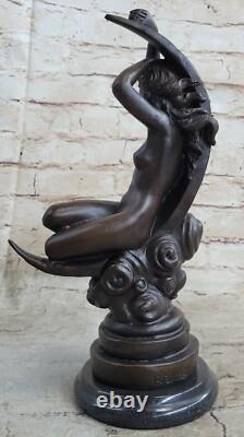 Statue Sculpture Bronze Ancienne Roche Femme Nu Lune Croissant Signée Fait Main
