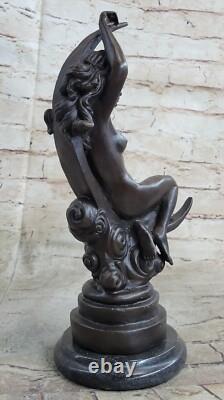 Statue Sculpture Bronze Ancienne Roche Femme Nu Lune Croissant Signée Fait Main