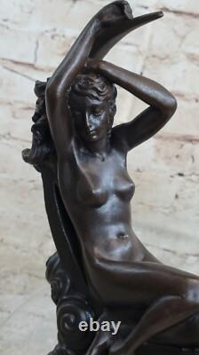 Statue Sculpture Bronze Ancienne Roche Femme Nu Lune Croissant Signée Fait Main