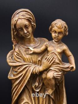 Statue ancienne Vierge à l'Enfant Sculpture religieuse détaillée AS signé