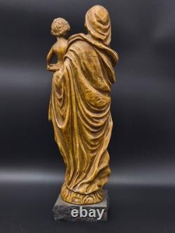 Statue ancienne Vierge à l'Enfant Sculpture religieuse détaillée AS signé