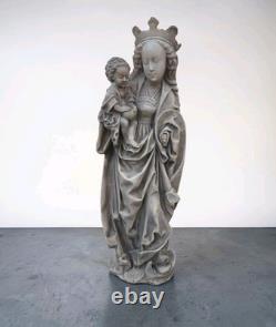 Statue ancienne Vierge à l'Enfant plâtre / pierre reconstituée 70 cm