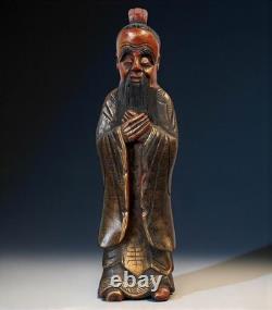 Statue de Confucius en Bois Chine Sculpture Ancienne de Collection
