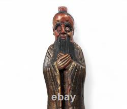 Statue de Confucius en Bois Chine Sculpture Ancienne de Collection