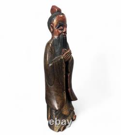 Statue de Confucius en Bois Chine Sculpture Ancienne de Collection