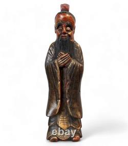 Statue de Confucius en Bois Chine Sculpture Ancienne de Collection