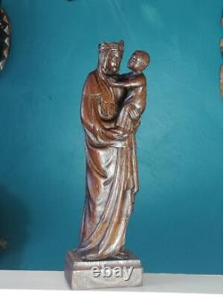 Statue religieuse ancienne en bois de la vierge à l'enfant signée Lucien Pessey