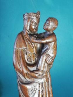 Statue religieuse ancienne en bois de la vierge à l'enfant signée Lucien Pessey