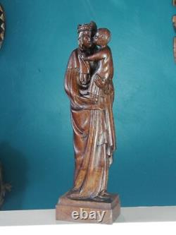 Statue religieuse ancienne en bois de la vierge à l'enfant signée Lucien Pessey