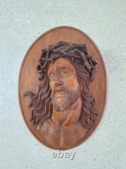 Statue sculpture bois ancienne Religieuse 1936 bas-relief Jésus-Christ Icone