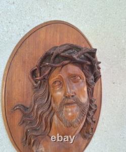 Statue sculpture bois ancienne Religieuse 1936 bas-relief Jésus-Christ Icone
