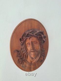Statue sculpture bois ancienne Religieuse 1936 bas-relief Jésus-Christ Icone
