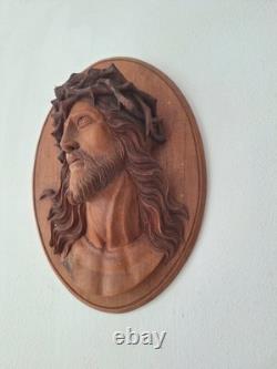 Statue sculpture bois ancienne Religieuse 1936 bas-relief Jésus-Christ Icone