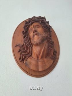 Statue sculpture bois ancienne Religieuse 1936 bas-relief Jésus-Christ Icone