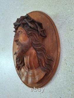 Statue sculpture bois ancienne Religieuse 1936 bas-relief Jésus-Christ Icone
