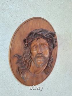 Statue sculpture bois ancienne Religieuse 1936 bas-relief Jésus-Christ Icone
