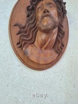 Statue sculpture bois ancienne Religieuse 1936 bas-relief Jésus-Christ Icone