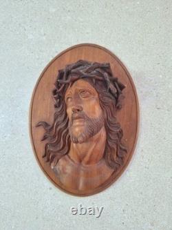 Statue sculpture bois ancienne Religieuse 1936 bas-relief Jésus-Christ Icone