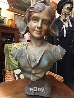 Statue sculpture buste ancienne platre polychrome Lorette signée AC Paris 19ème