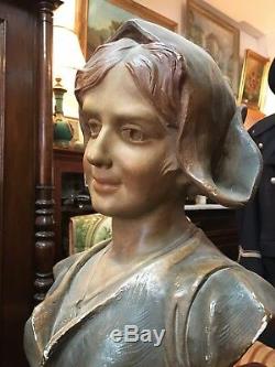 Statue sculpture buste ancienne platre polychrome Lorette signée AC Paris 19ème
