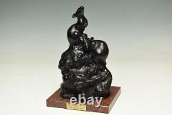 Statue sculpture rat souris bronze Nakamura Shinya avec boîte Japon ancienne