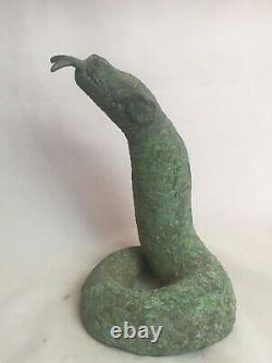 Statue sculpture serpent menaçant Bronze Patine vert Ancien Cobra