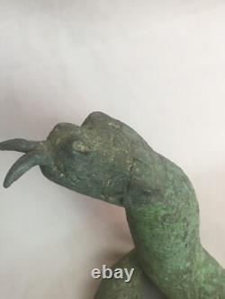 Statue sculpture serpent menaçant Bronze Patine vert Ancien Cobra
