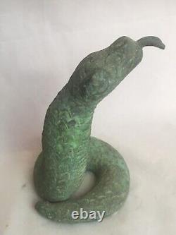 Statue sculpture serpent menaçant Bronze Patine vert Ancien Cobra