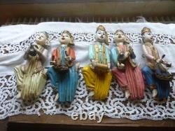Statues Birmanie anciennes bois sculpté polychrome musiciens myanmar lot 4+1off