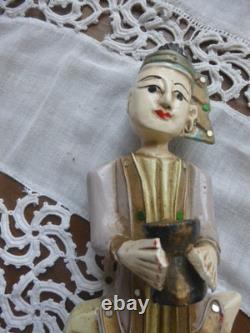 Statues Birmanie anciennes bois sculpté polychrome musiciens myanmar lot 4+1off