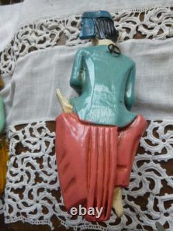 Statues Birmanie anciennes bois sculpté polychrome musiciens myanmar lot 4+1off