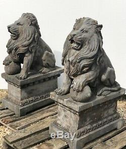 Statues de Lions en pierre (la paire) anciennes sur socle