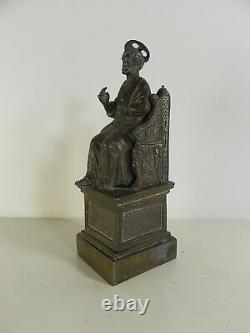 Statuette ancienne en bronze BENEDICTION DE ST PIERRE CLEFS DU PARADIS XIXe 18cm