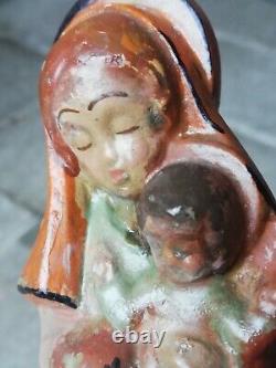 Statuette ancienne en terre sculpture de la vièrge à l'enfant, signé