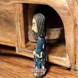 Statuette ancienne sculpture personnage en bois peint déco vintage polychrome