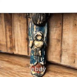 Statuette ancienne sculpture personnage en bois peint déco vintage polychrome