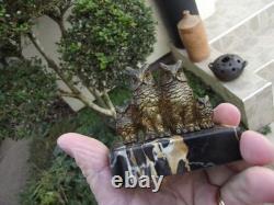 Sujet ancien petit bronze famille hiboux Chouette sur ce socle en marbre