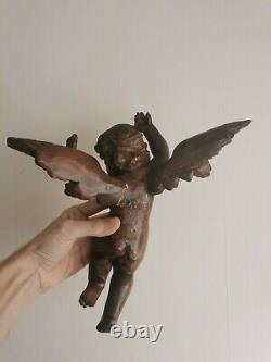 Superbe Ange ancien en bois fruitier sculpté XIX putti putto angelot baroque