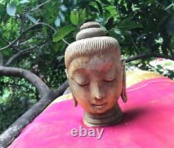 Tête Bouddha Marbre Beige Statue ancienne Sculpture Inde Décor Bouddhisme Asie H