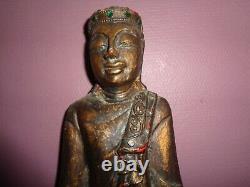 Très Ancien Bouddha bois laqué XIX h 44 cm incrustation petite perles en verr