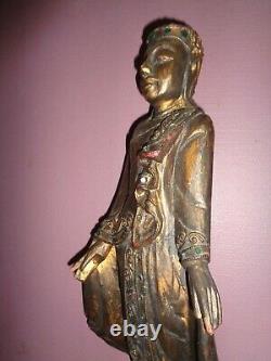Très Ancien Bouddha bois laqué XIX h 44 cm incrustation petite perles en verr
